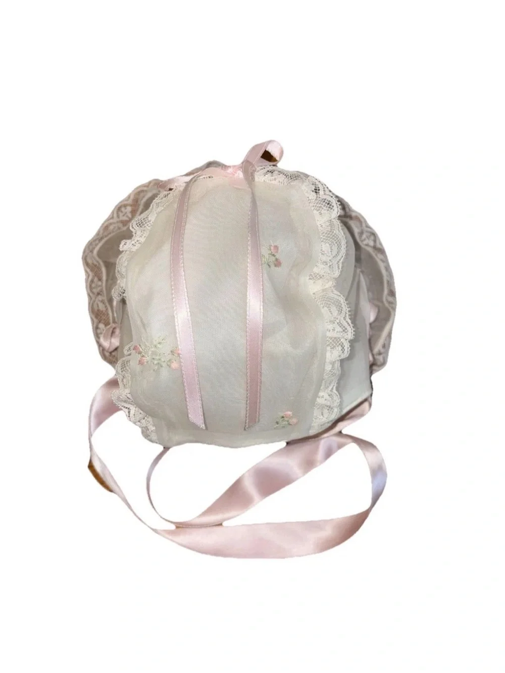 Vintage MCM 1952 Salkin & Linoff Sheer Ivory with Embroidery Baby Bonnet